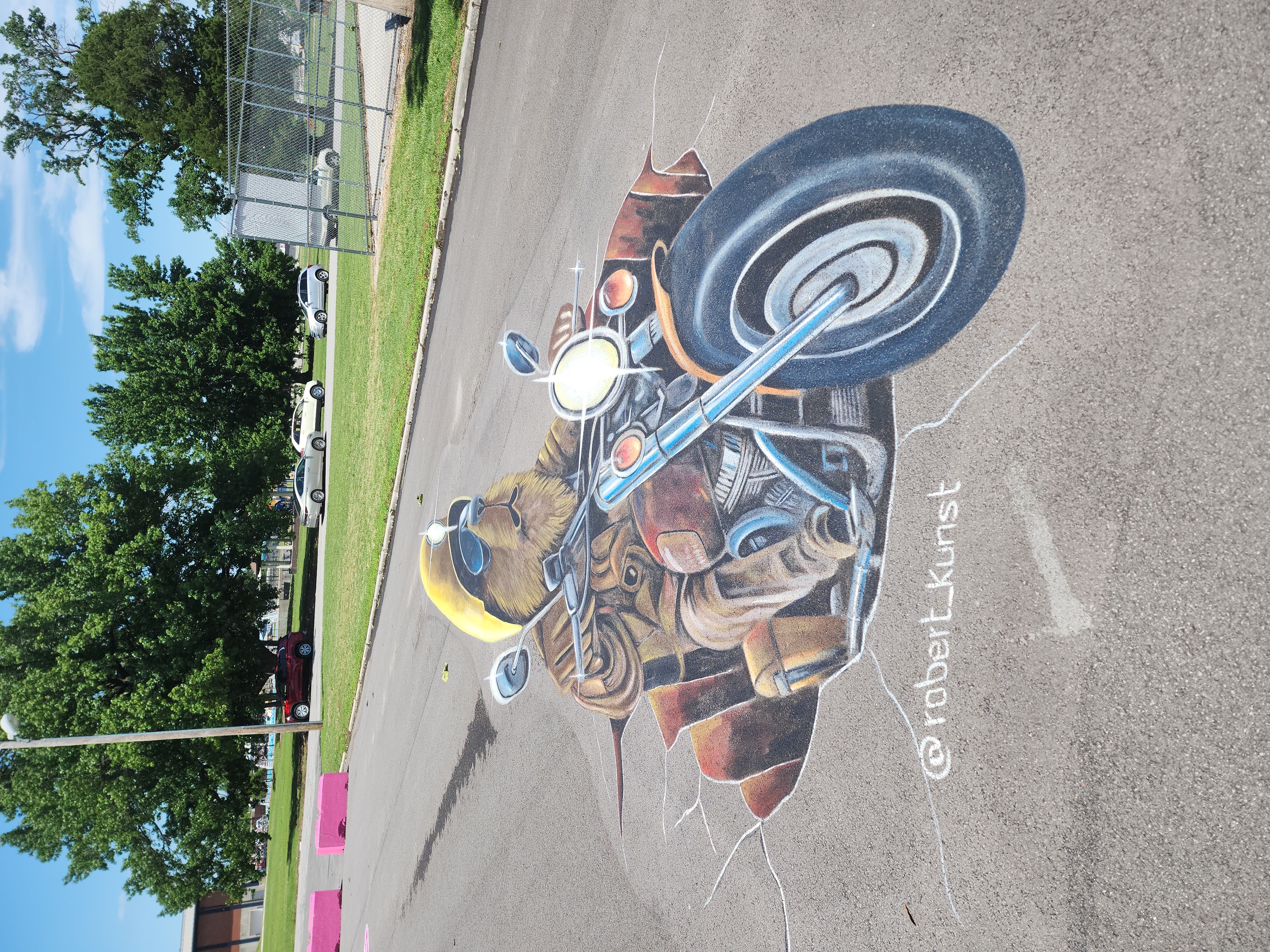3D Chalk Art Motorcycle with Bear Rider