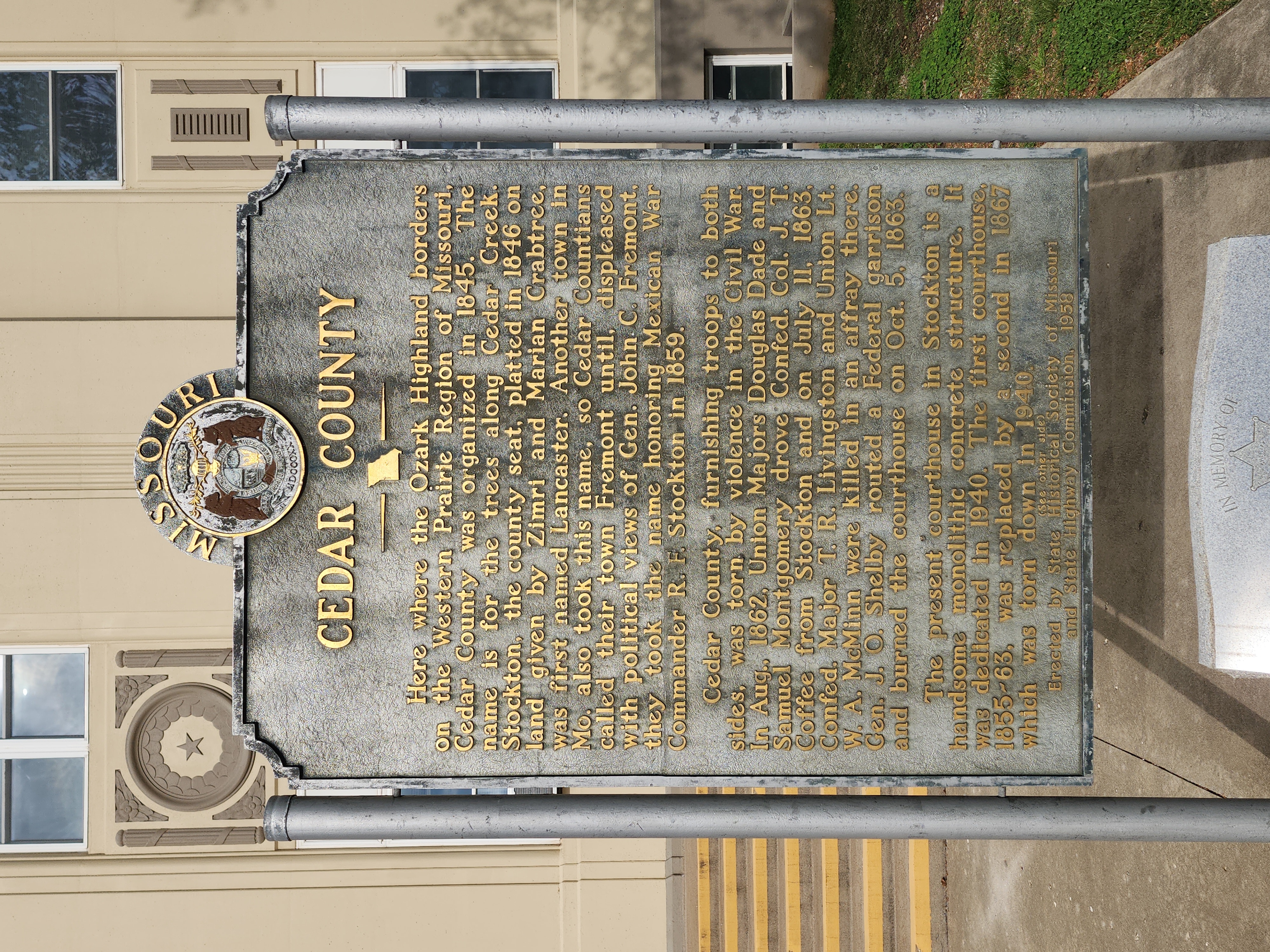 Cedar County Historical Marker in Stockton, Missouri