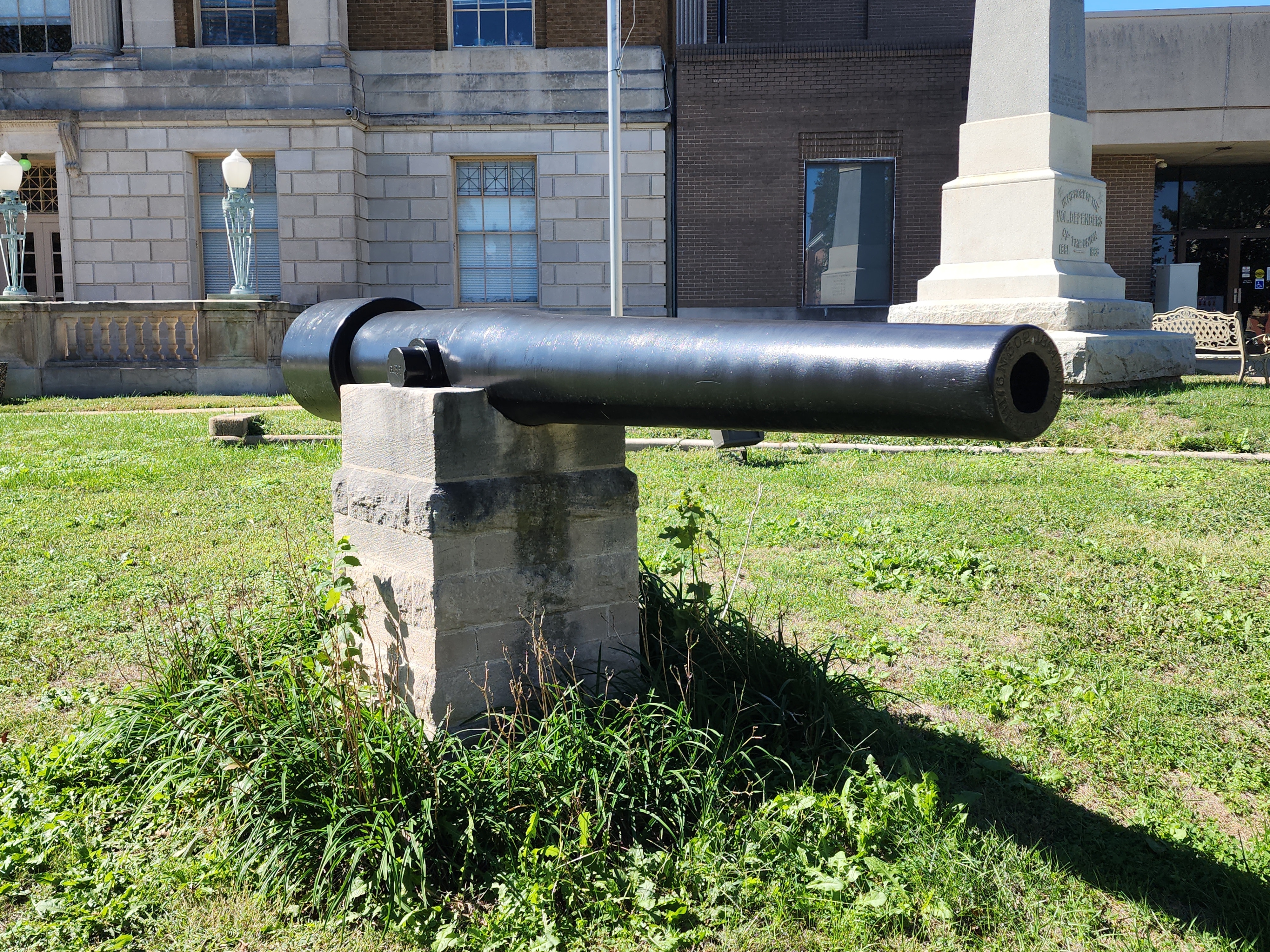 Likely Parrott rifle cannon barrel on stone mount at Fort Scott